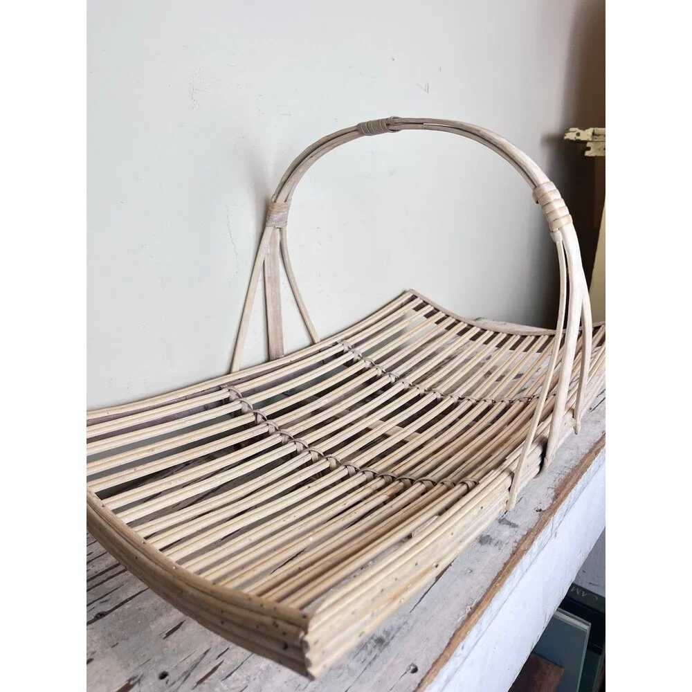 Vintage White Washed Bent Bamboo Garden Trug Handled Flower Basket 20”